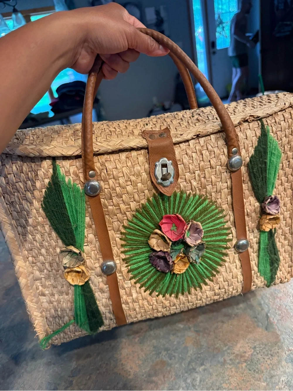 Embroidered Straw Tote Bag with Green Floral Accent